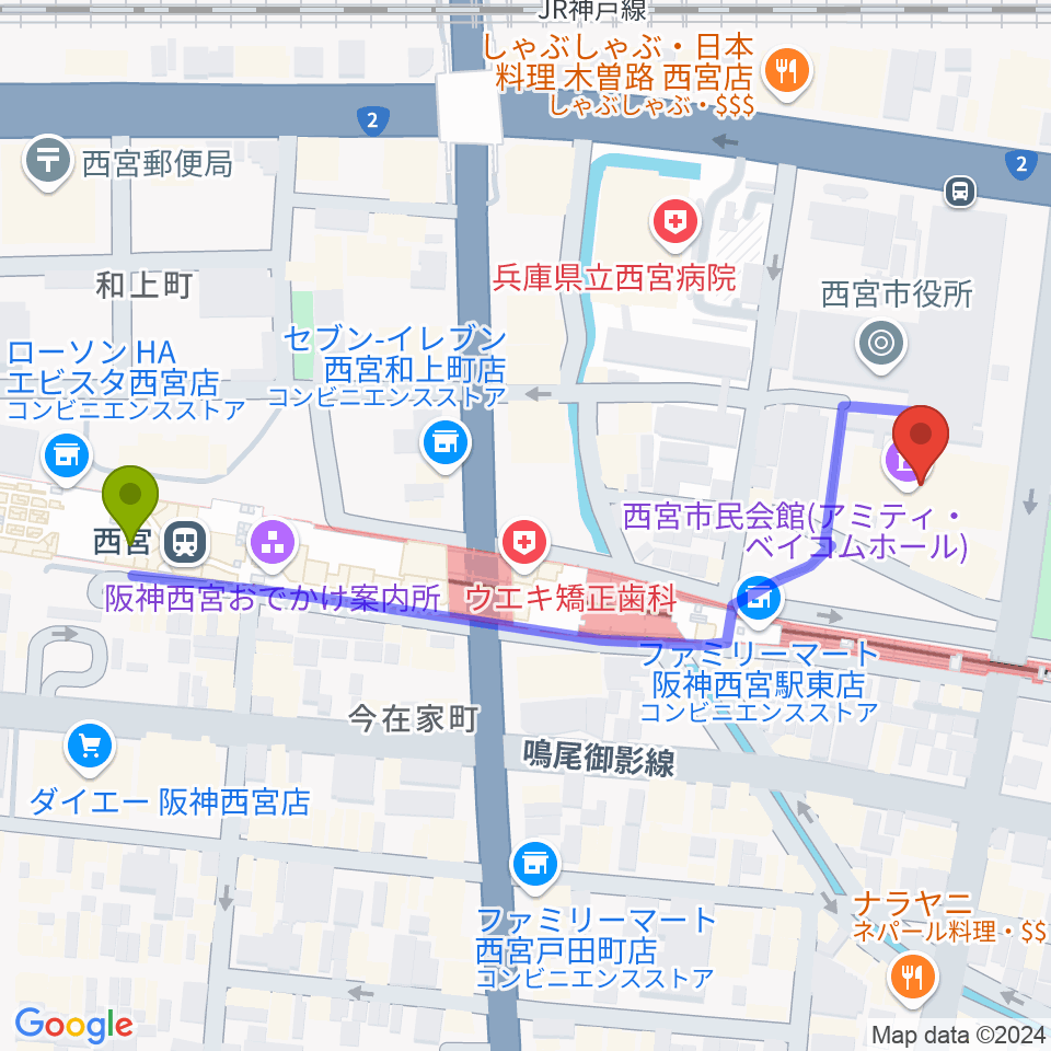 西宮市民会館アミティ・ベイコムホールの最寄駅西宮駅からの徒歩ルート（約6分）地図