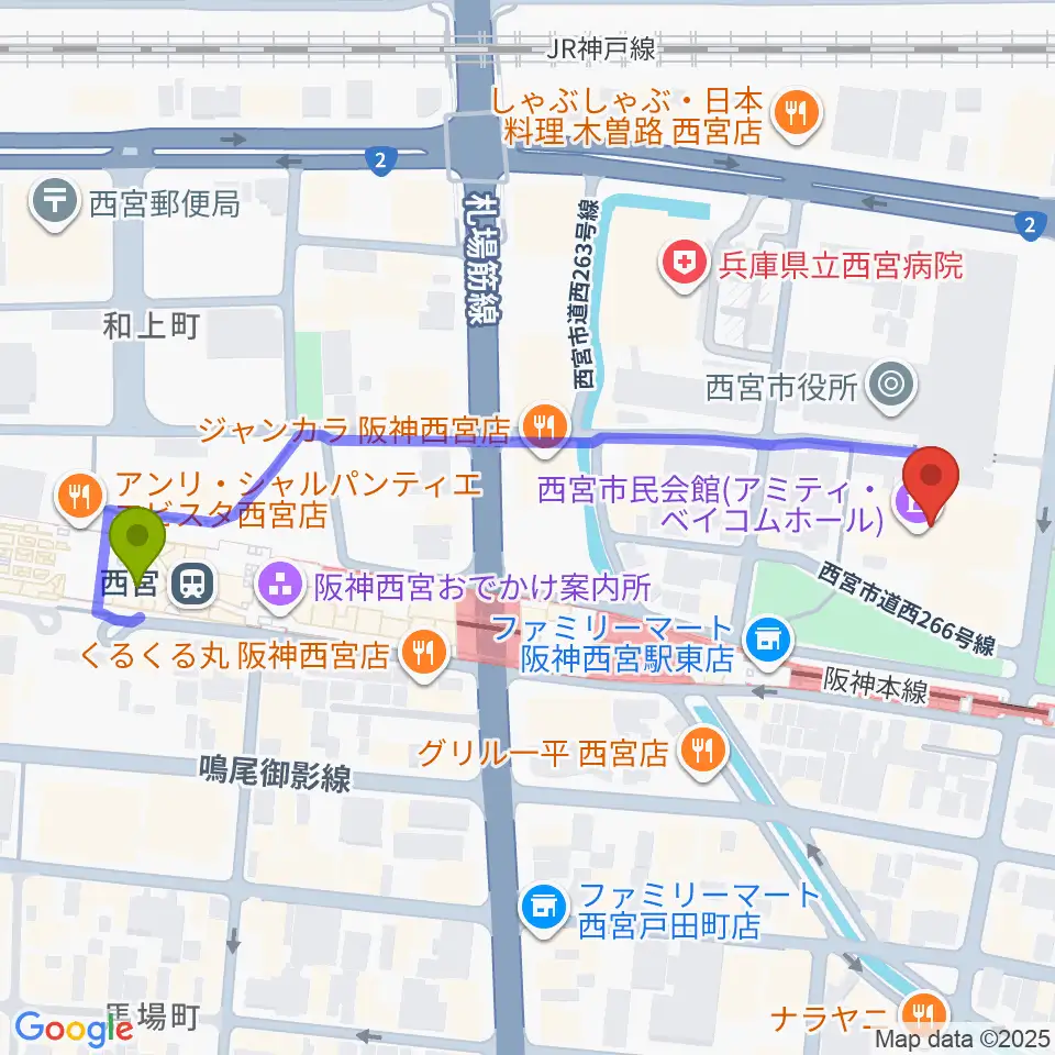 アミティ・ベイコムホールの最寄駅西宮駅からの徒歩ルート（約6分）地図
