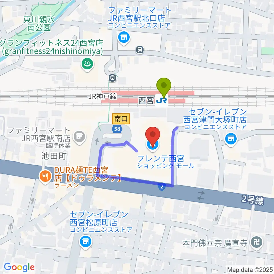 西宮市フレンテホールの最寄駅西宮駅からの徒歩ルート（約1分）地図