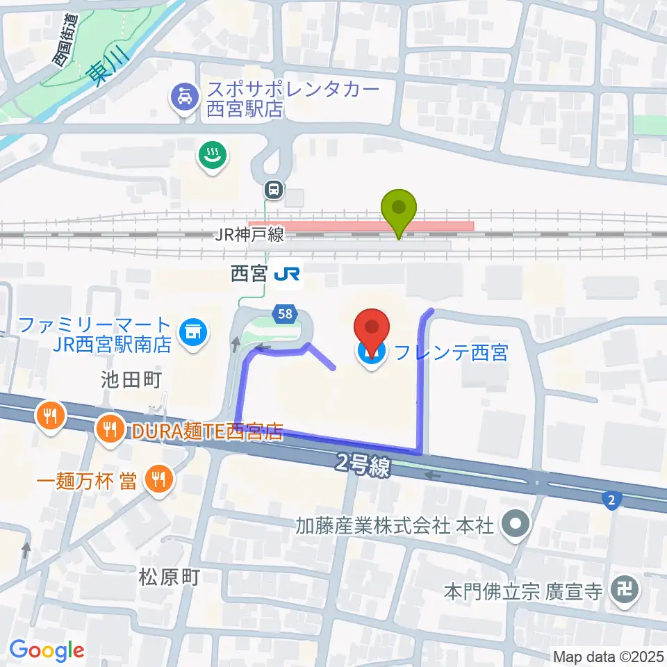 西宮市フレンテホールの最寄駅西宮駅からの徒歩ルート（約1分）地図
