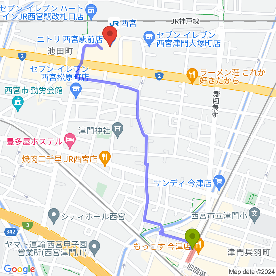 今津駅から西宮市フレンテホールへのルートマップ地図