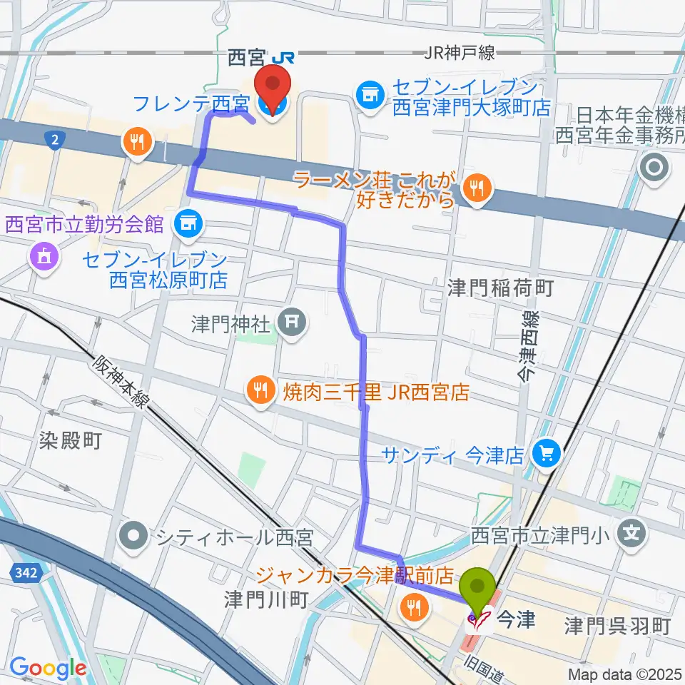 今津駅から西宮市フレンテホールへのルートマップ地図