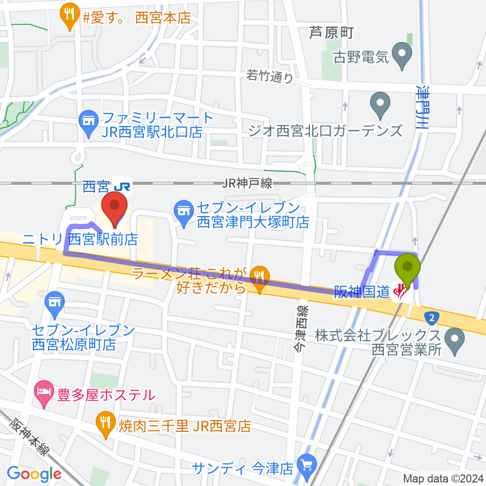 阪神国道駅から西宮市フレンテホールへのルートマップ地図