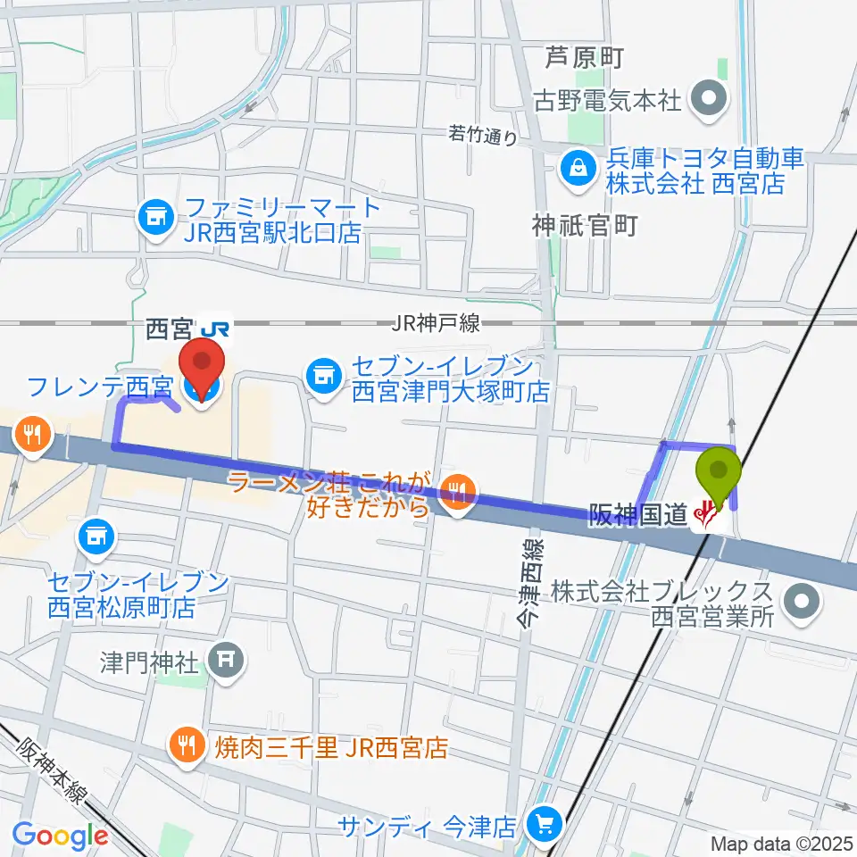 阪神国道駅から西宮市フレンテホールへのルートマップ地図