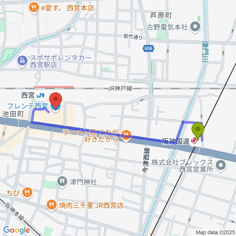 阪神国道駅から西宮市フレンテホールへのルートマップ地図
