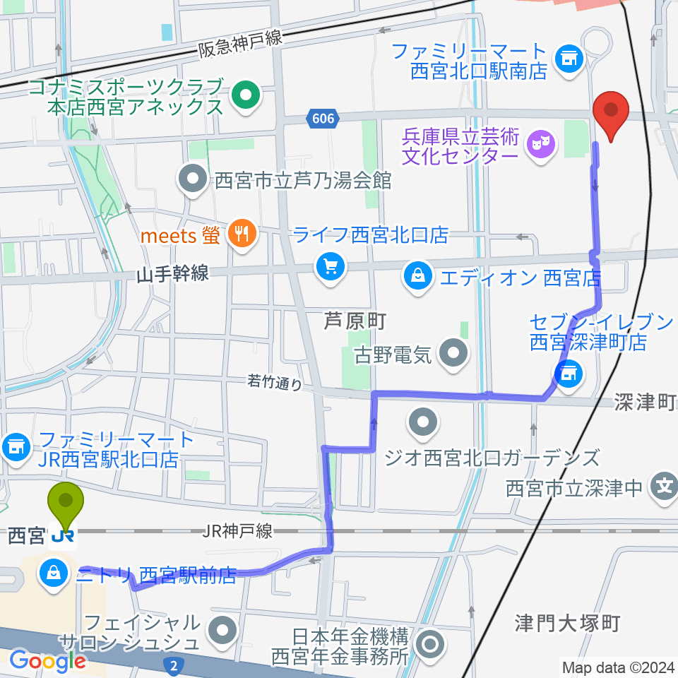 西宮駅から西宮市プレラホールへのルートマップ地図