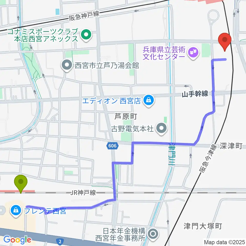 西宮駅から西宮市プレラホールへのルートマップ地図