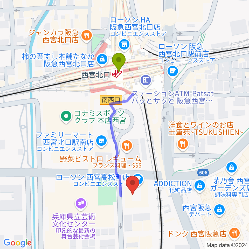 西宮市プレラホールの最寄駅西宮北口駅からの徒歩ルート（約4分）地図