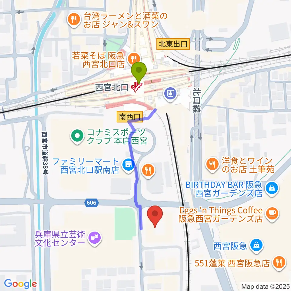 西宮市プレラホールの最寄駅西宮北口駅からの徒歩ルート（約4分）地図