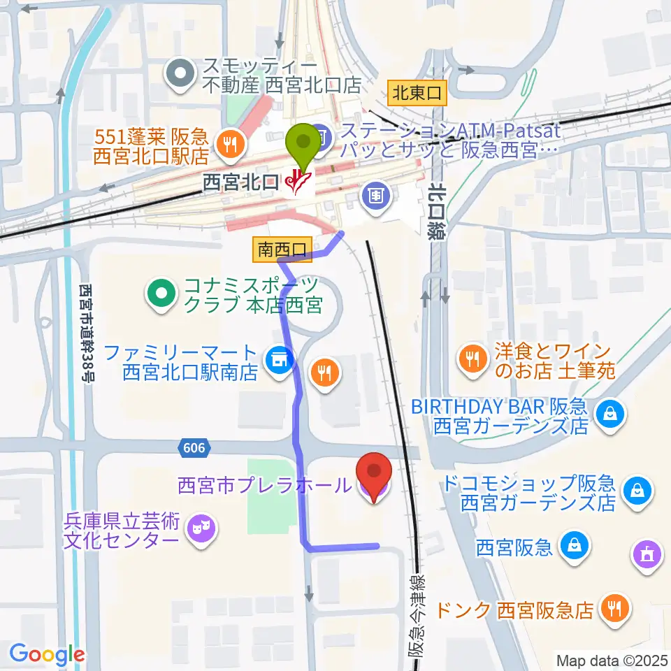 西宮市プレラホールの最寄駅西宮北口駅からの徒歩ルート（約4分）地図