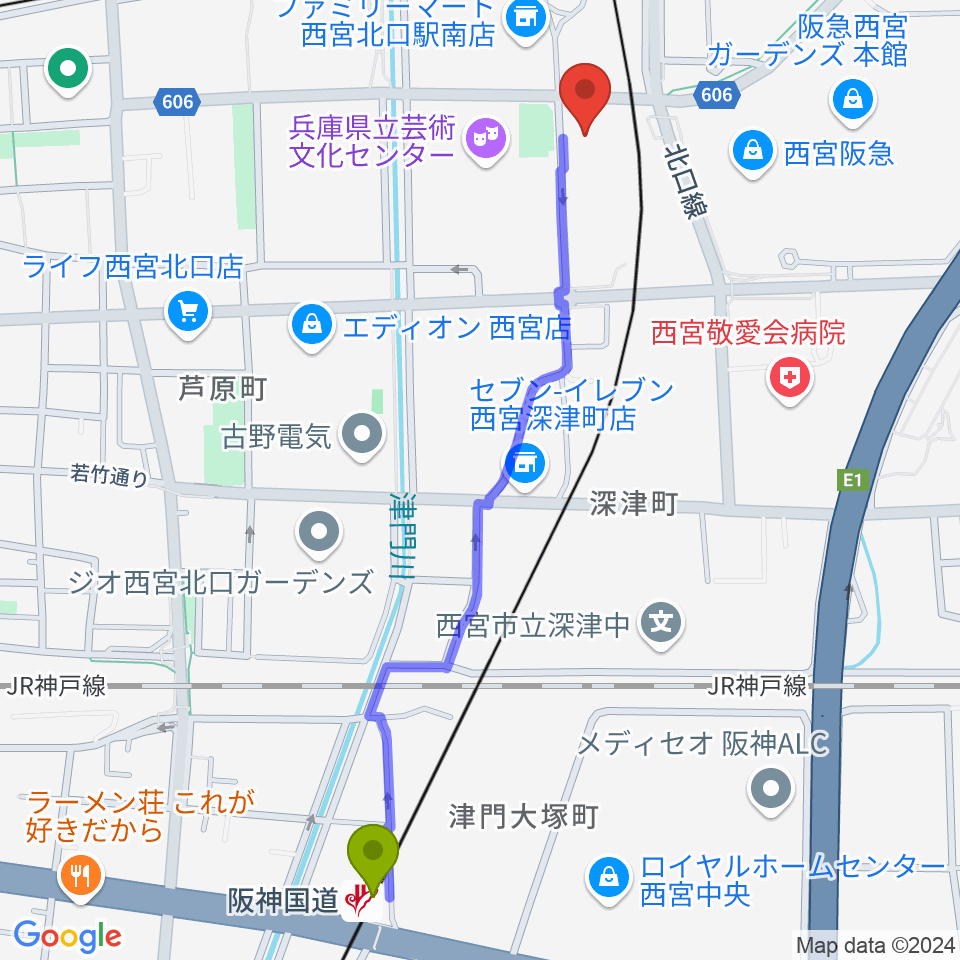 阪神国道駅から西宮市プレラホールへのルートマップ地図