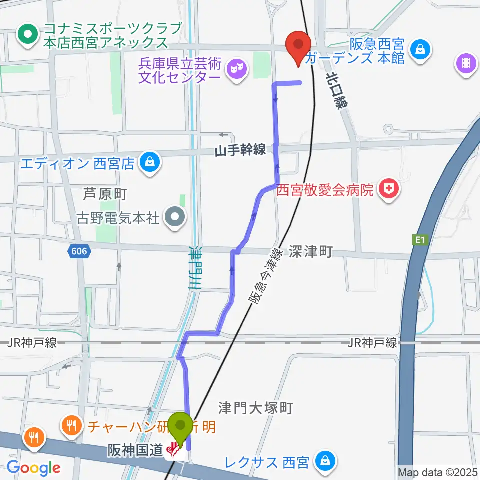 阪神国道駅から西宮市プレラホールへのルートマップ地図