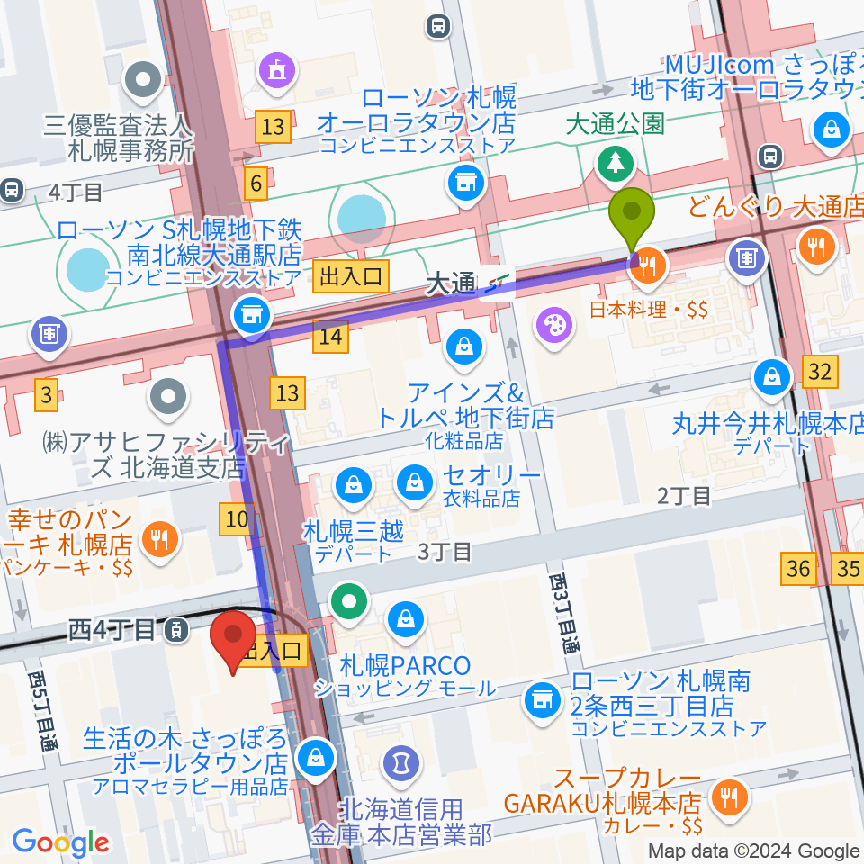 大通駅からミュージックショップ音楽処へのルートマップ地図