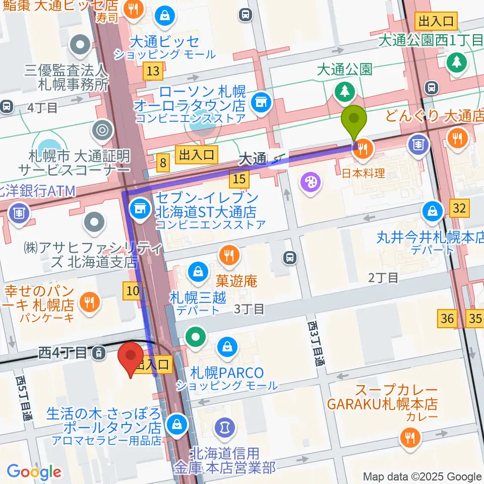 大通駅からミュージックショップ音楽処へのルートマップ地図