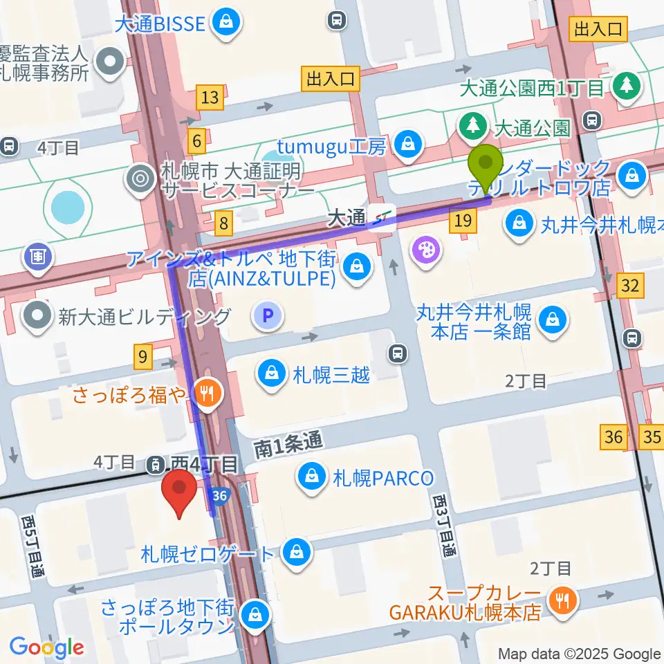 大通駅からミュージックショップ音楽処へのルートマップ地図
