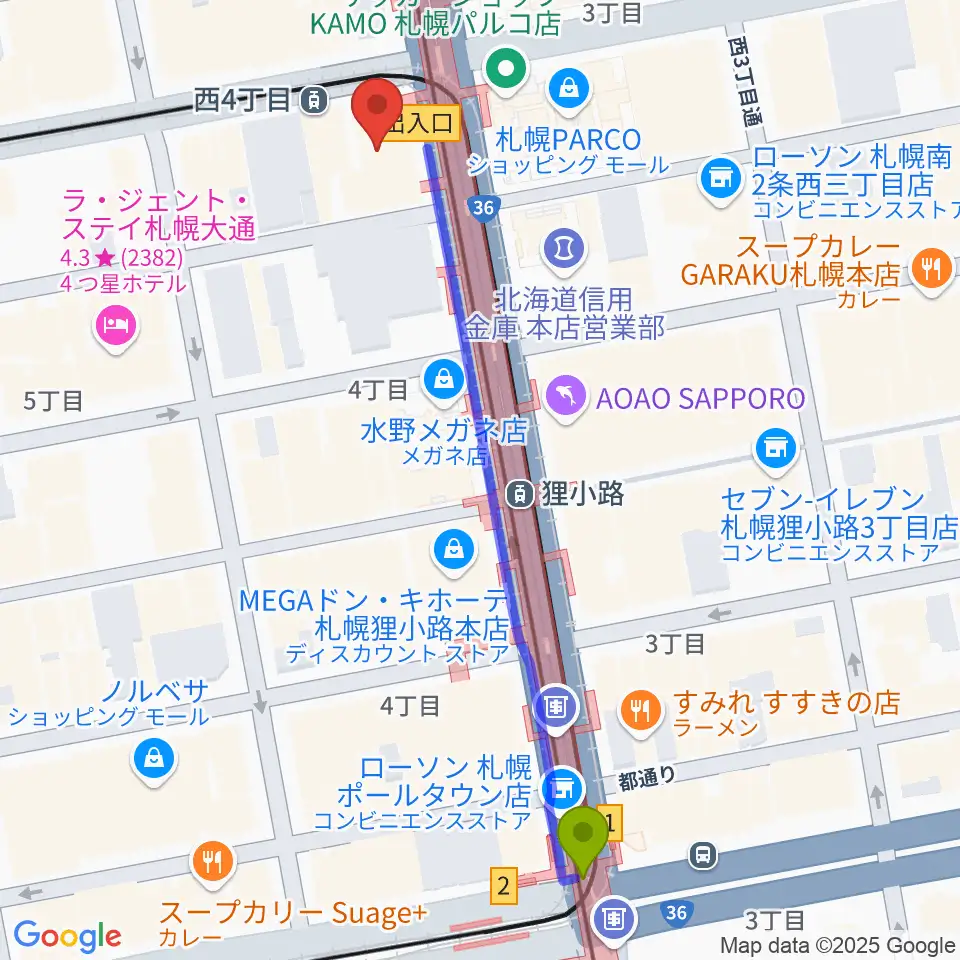 すすきの駅からミュージックショップ音楽処へのルートマップ地図