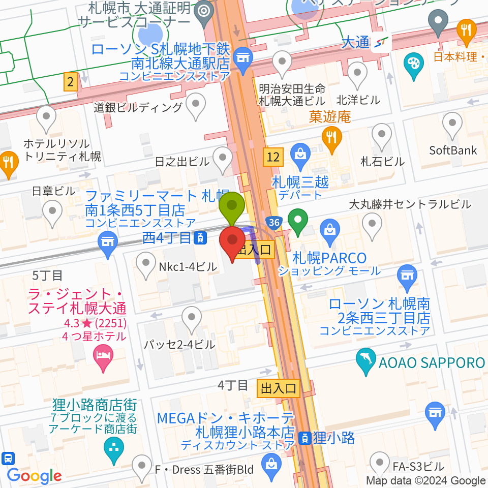 ミュージックショップ音楽処の最寄駅西４丁目駅からの徒歩ルート（約0分）地図