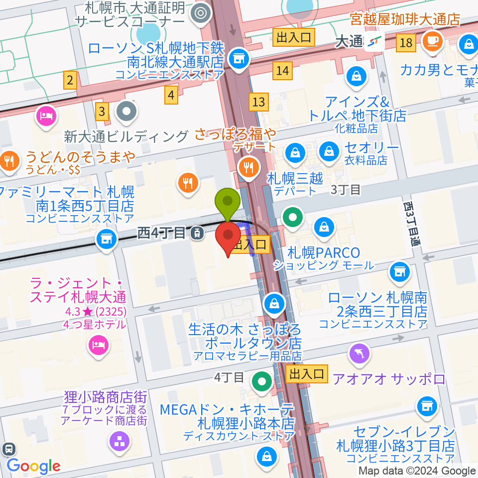 ミュージックショップ音楽処の最寄駅西４丁目駅からの徒歩ルート（約0分）地図