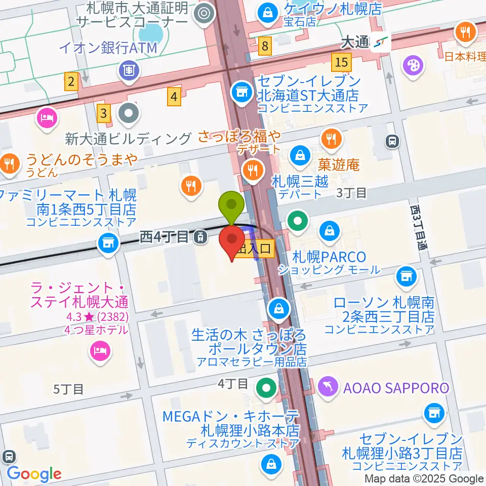 ミュージックショップ音楽処の最寄駅西４丁目駅からの徒歩ルート（約0分）地図