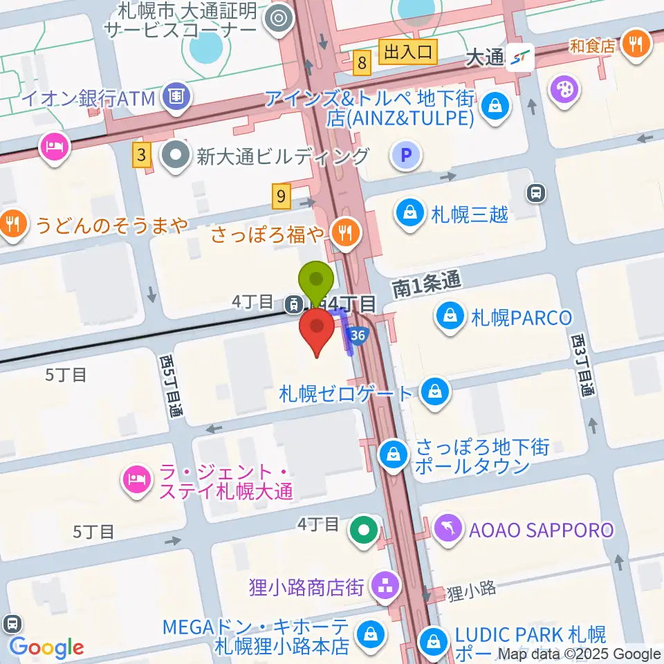 ミュージックショップ音楽処の最寄駅西４丁目駅からの徒歩ルート（約0分）地図