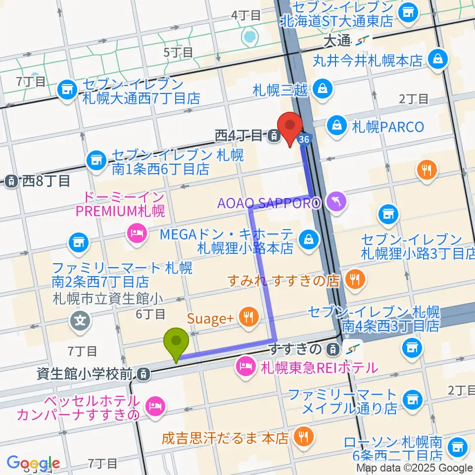 資生館小学校前駅からミュージックショップ音楽処へのルートマップ地図