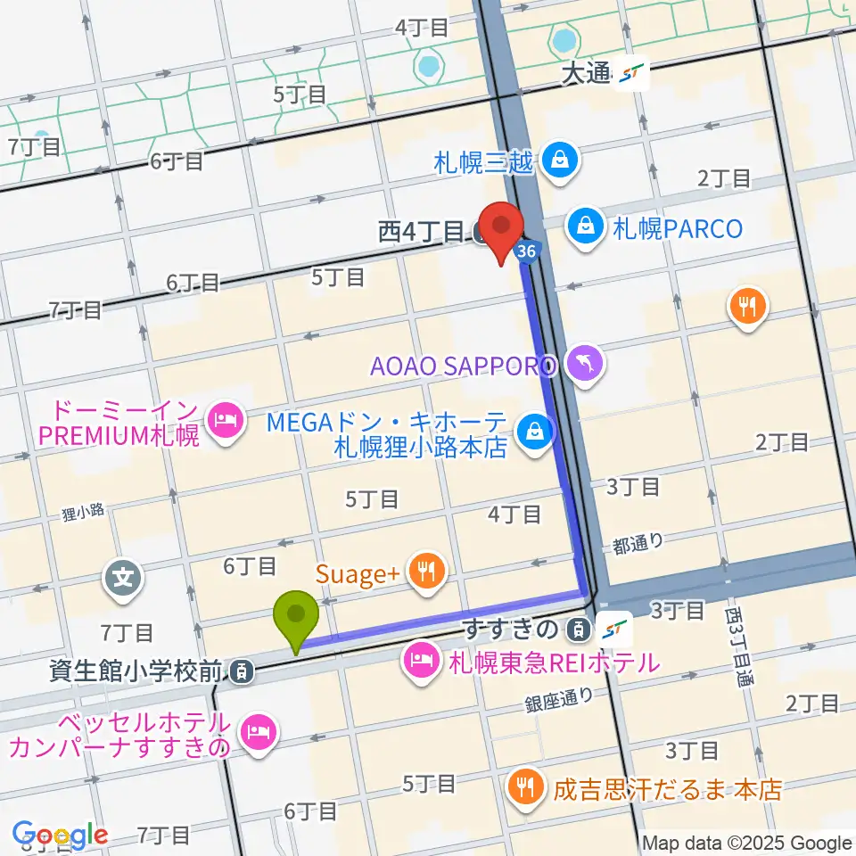 資生館小学校前駅からミュージックショップ音楽処へのルートマップ地図