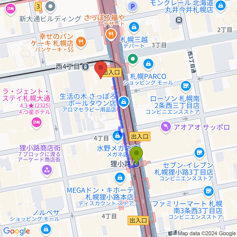 狸小路駅からミュージックショップ音楽処へのルートマップ地図