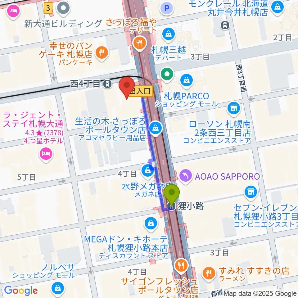 狸小路駅からミュージックショップ音楽処へのルートマップ地図