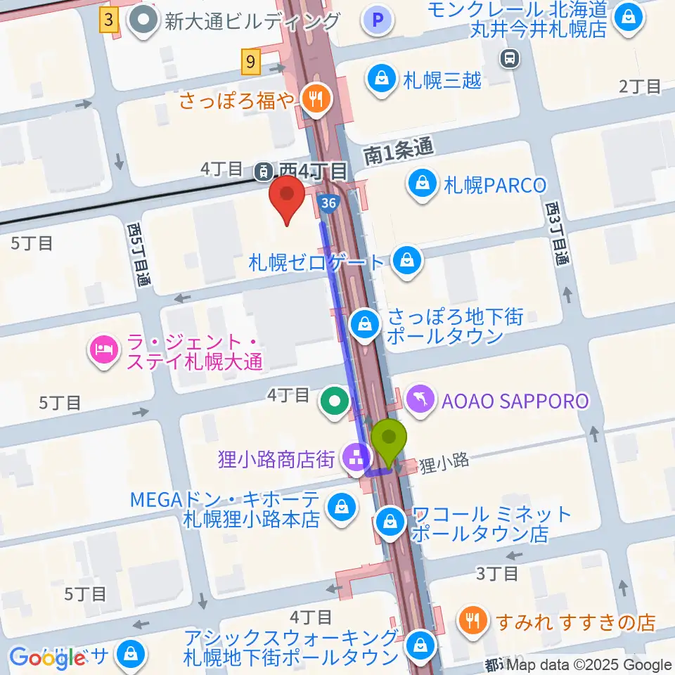 狸小路駅からミュージックショップ音楽処へのルートマップ地図