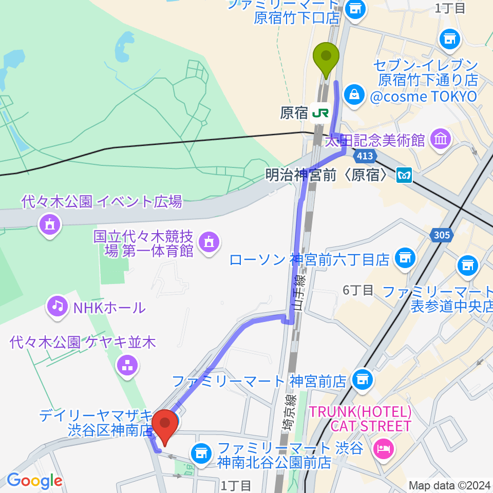 原宿駅から渋谷エッグマンへのルートマップ Mdata