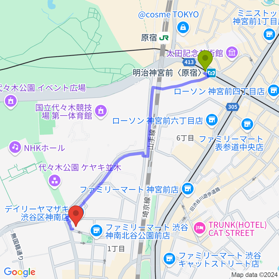 明治神宮前 原宿 駅から渋谷エッグマンへのルートマップ Mdata