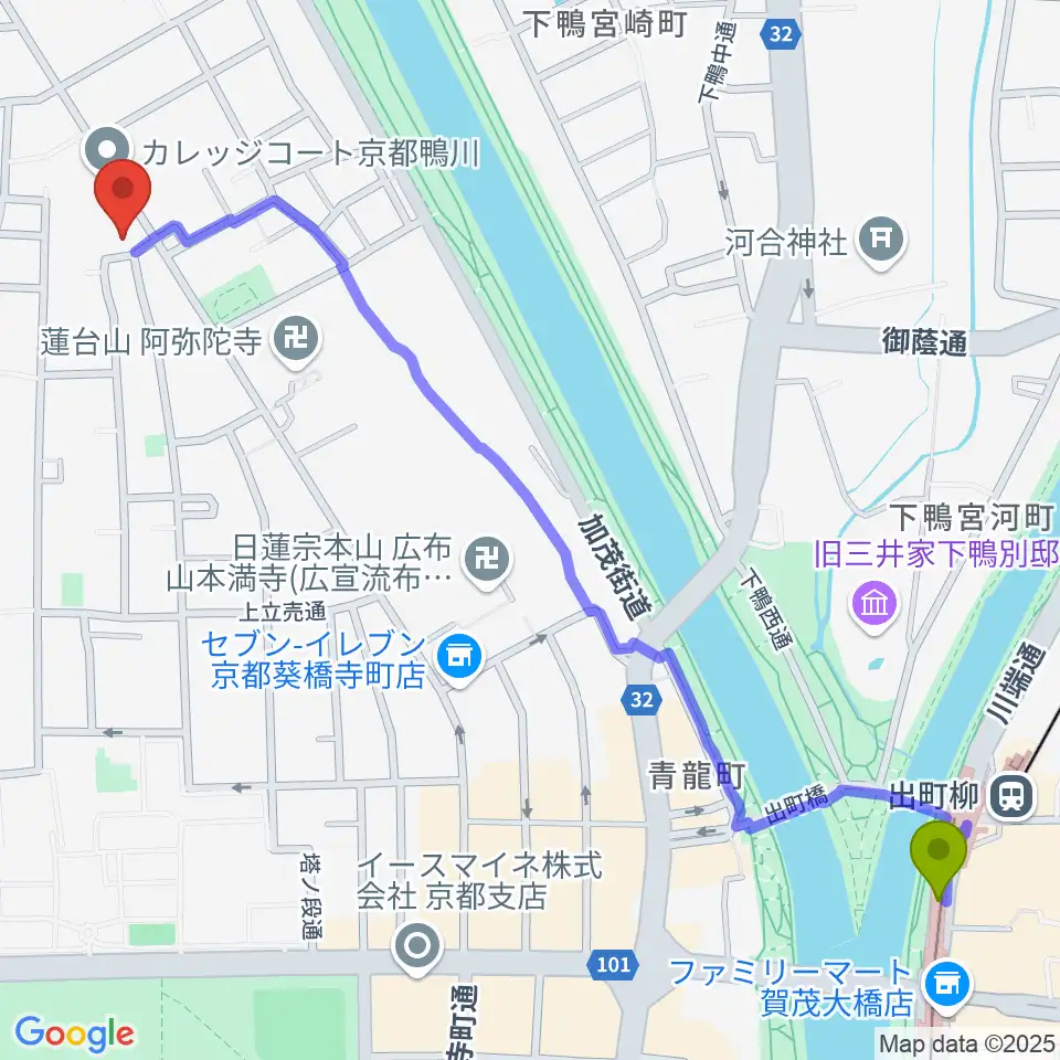 出町柳駅からあとりえミノムシへのルートマップ地図