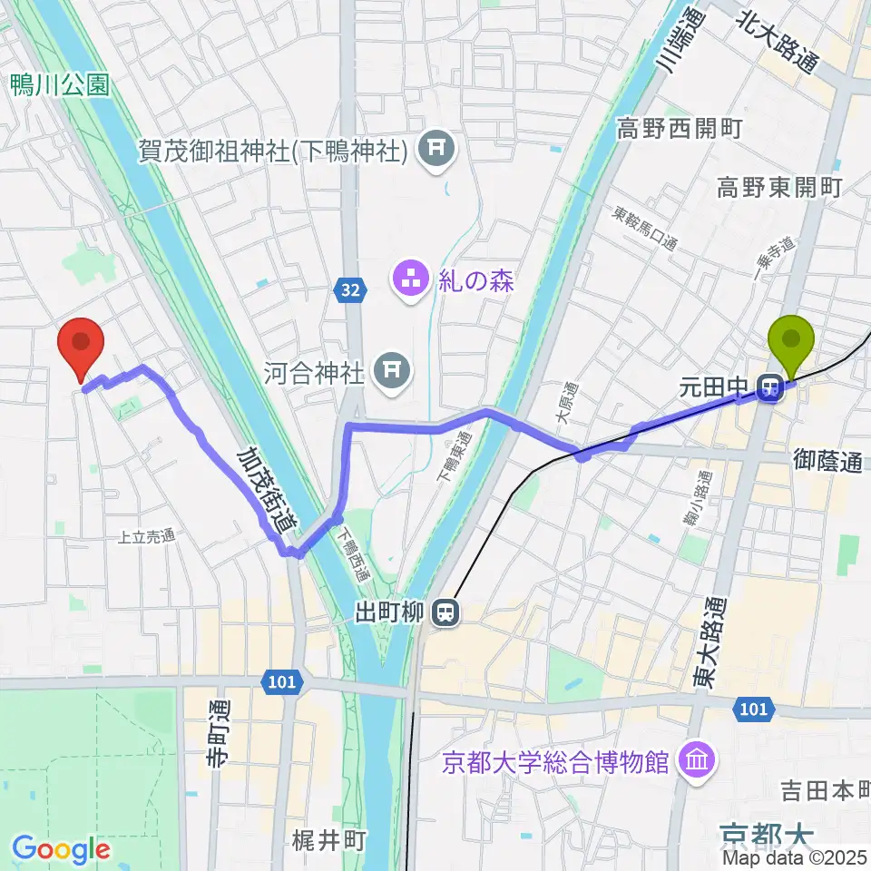 元田中駅からあとりえミノムシへのルートマップ地図