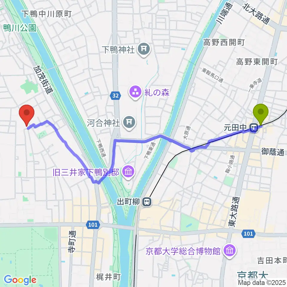 元田中駅からあとりえミノムシへのルートマップ地図