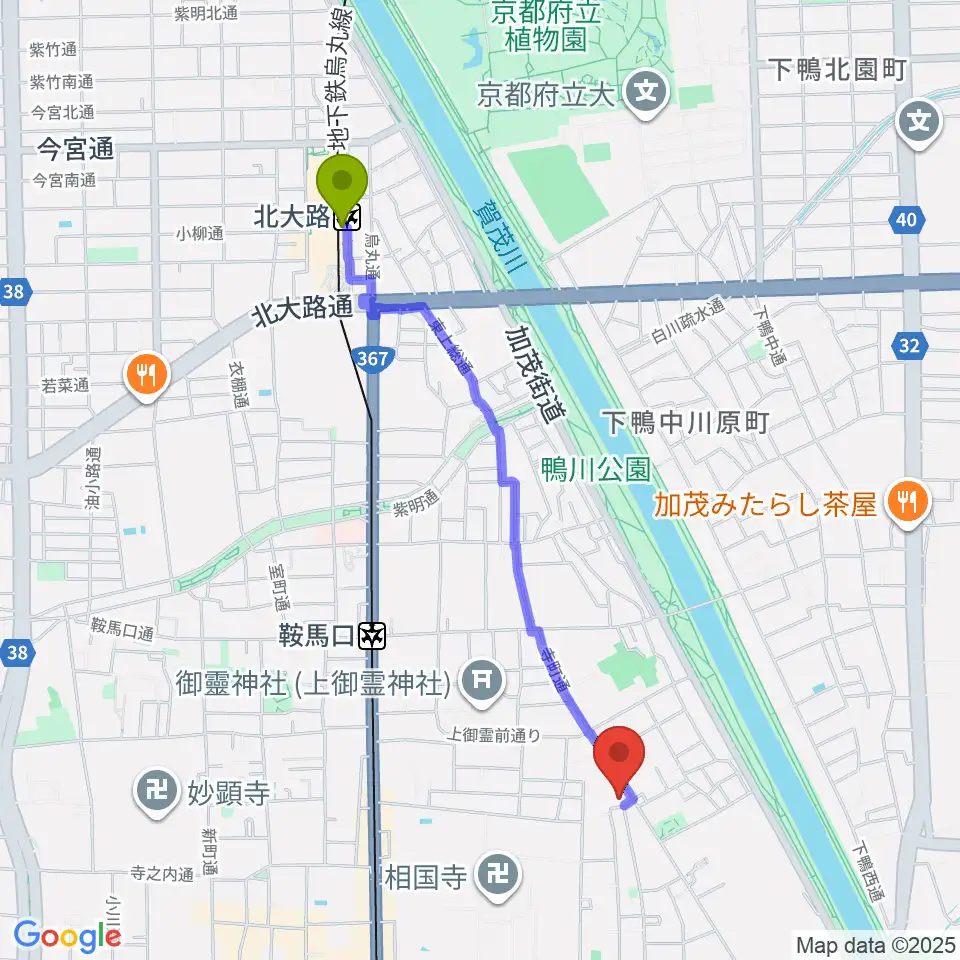 北大路駅からあとりえミノムシへのルートマップ地図
