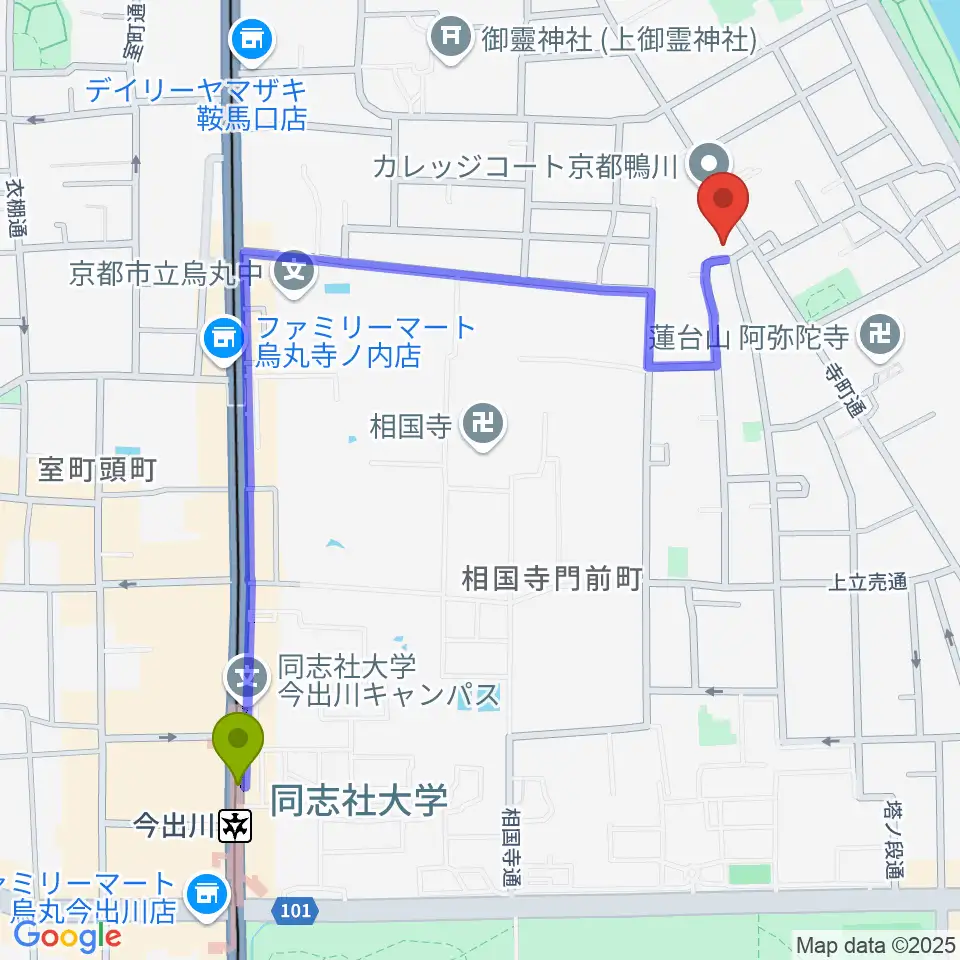 今出川駅からあとりえミノムシへのルートマップ地図