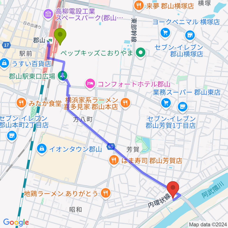 ココビートレコードの最寄駅郡山駅からの徒歩ルート（約25分）地図