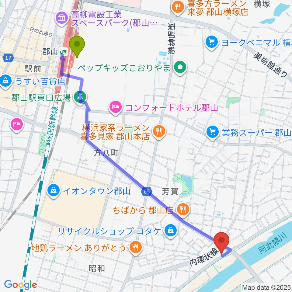 ココビートレコードの最寄駅郡山駅からの徒歩ルート（約25分）地図