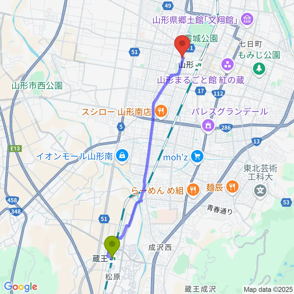 蔵王駅から山形RAF-RECへのルートマップ地図