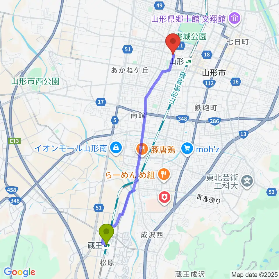 蔵王駅から山形RAF-RECへのルートマップ地図