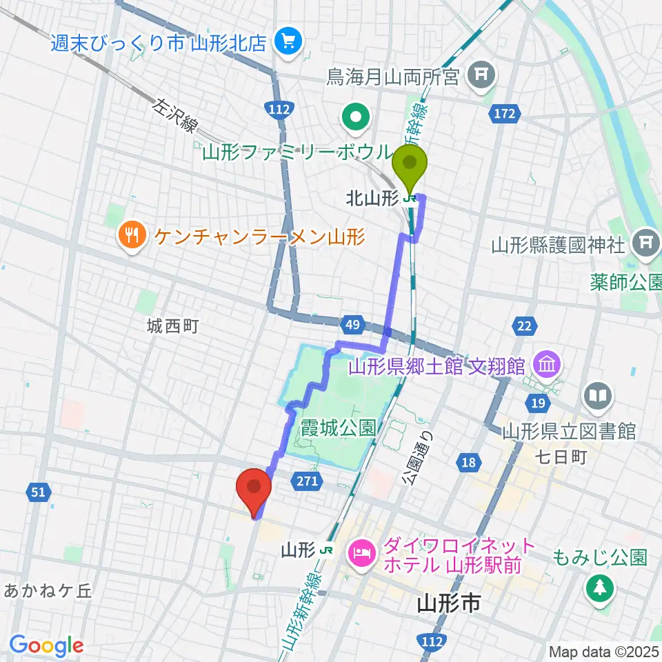 北山形駅から山形RAF-RECへのルートマップ地図