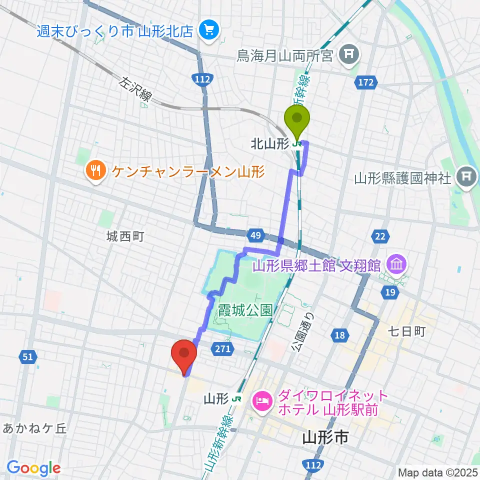 北山形駅から山形RAF-RECへのルートマップ地図