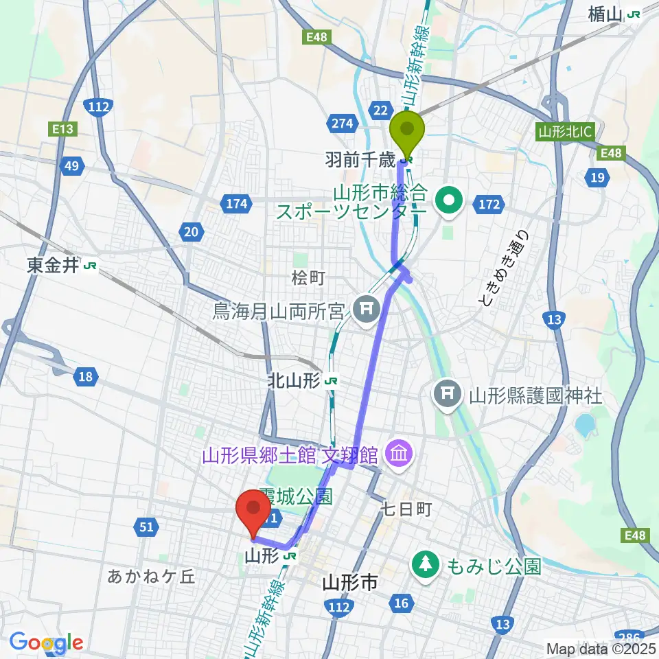 羽前千歳駅から山形RAF-RECへのルートマップ地図
