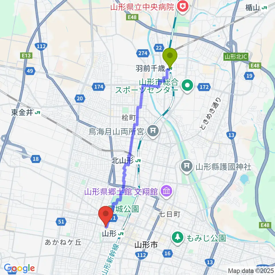 羽前千歳駅から山形RAF-RECへのルートマップ地図