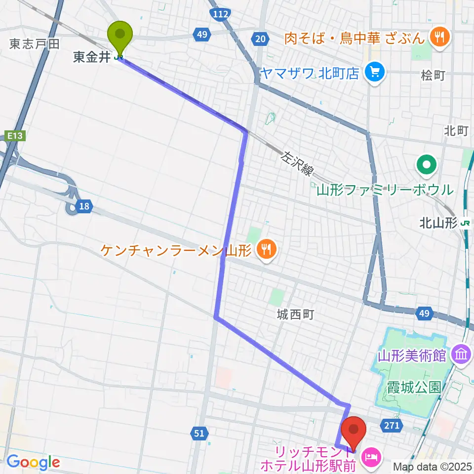 東金井駅から山形RAF-RECへのルートマップ地図