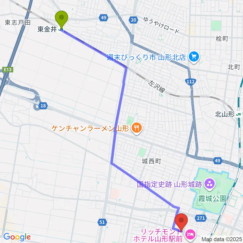 東金井駅から山形RAF-RECへのルートマップ地図