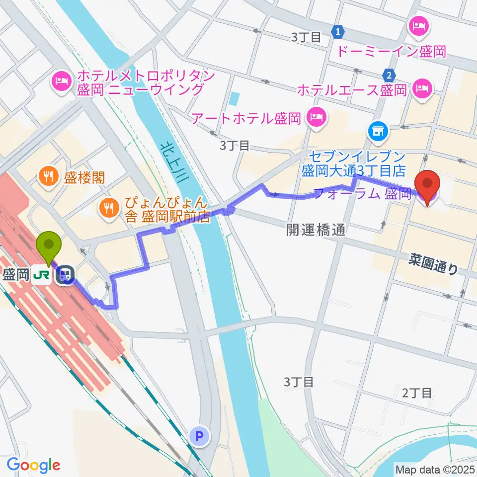 ディスクノート盛岡の最寄駅盛岡駅からの徒歩ルート（約12分）地図