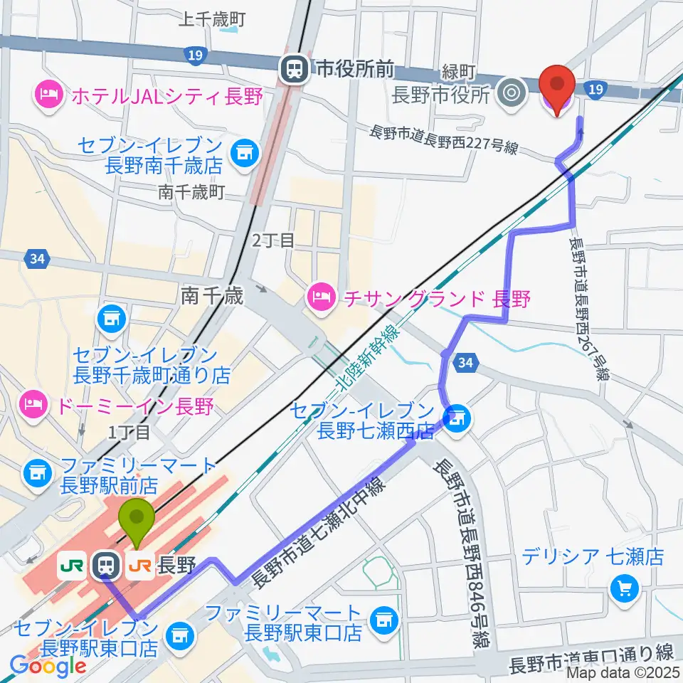 長野駅から長野市芸術館へのルートマップ地図