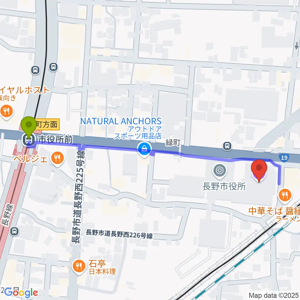 長野市芸術館の最寄駅市役所前駅からの徒歩ルート（約6分）地図