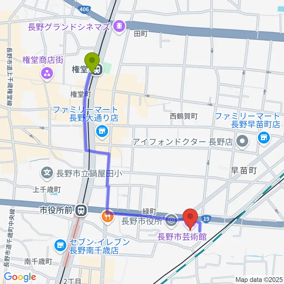 権堂駅から長野市芸術館へのルートマップ地図